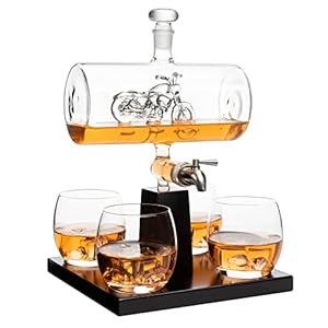 Motorcycle Decanter Whiskey & Wine Decanter Set With 4 Glasses, Motorcycle Gifts, Motorbike Gifts, Dispenser for Wine, Scotch, Bourbon, Whiskey Gifts for Men, Dad, Birthday