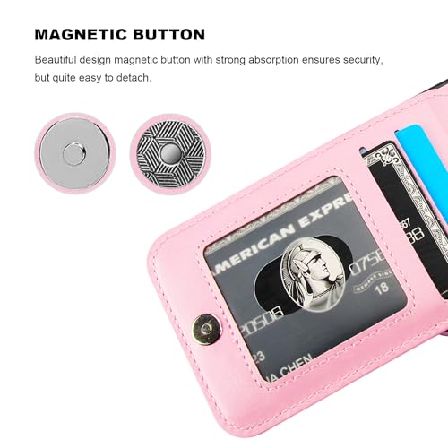 Image of KIHUWEY Compatible with iPhone 13 Case Wallet with Credit Card Holder, Premium Leather Magnetic Clasp Kickstand Heavy Duty Protective Cover for iPhone 13 6.1 inch (Pink)