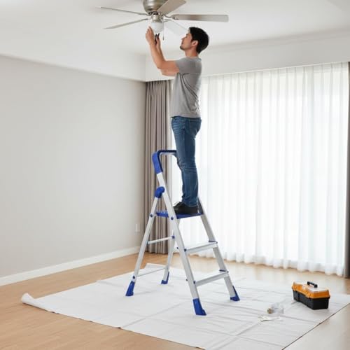 Image of Branco 3 Step Ladder for Home Use | Foldable Aluminium Ladder for Home with Scratch Resistant | Anti Skid Shoes and Extra Strong Wide Steps | Home Pro 3 Steps - GEC-L3 (Silver & Blue)