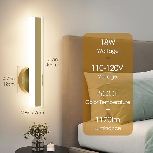 Image of Aipsun Gold Wall Sconce Hardwired Modern LED 18W Wall Sconce Set of Two, 15.7Inches Wall Lights for Living Room Bedroom Hallway, 5CCT