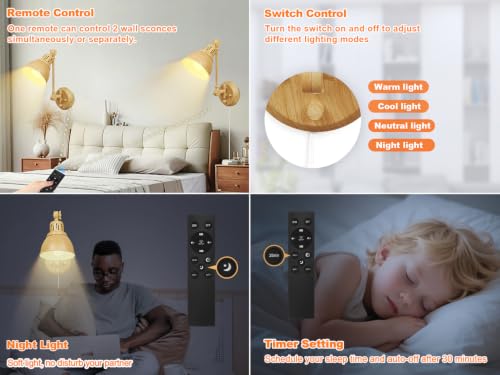 Image of GOODATE 2 Pack Plug in Wall Sconces with Remote Control, Dimming, Adjustable Colors 2700K-6500K, Swing Arm Wall Lamps with Night Light & Timer, Plug-in or Hardwired, LED Bulbs Included, Oak Finish