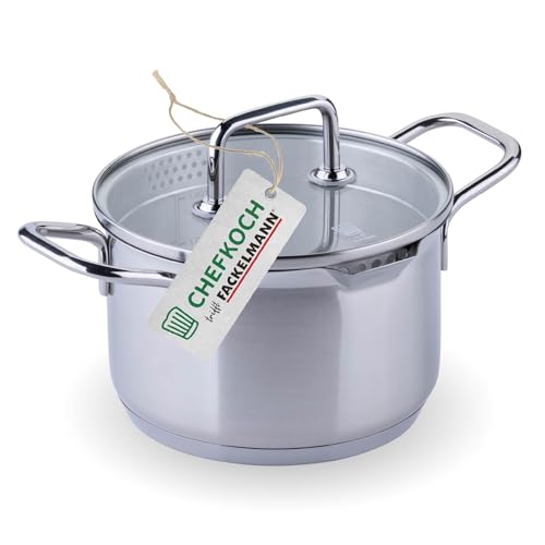 Chefkoch trifft Fackelmann Kochtopf mit Glasdeckel ø16cm – Aus Premium Edelstahl mit Aluminium-Kern, für alle Herdarten inkl. Induktion