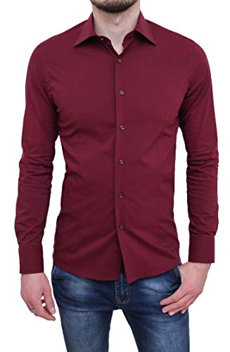 Camicia Uomo Sartoriale Rosso Bordeaux Formale Elegante in Cotone (S, Bordeaux)