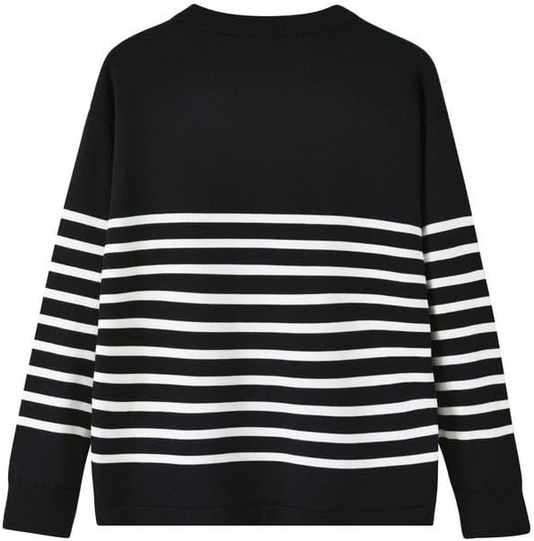 Round Neck Button Contrasting Striped Knitted Sweater Pullover Casual