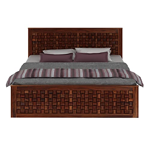 Image of SHRI MINTU'S ART Solid Sheesham Wood Queen Size Bed Without Storage | Wooden Double Bed Cot Bed for Bedroom Furniture | Niwar Patti Design Palang Double Bed for Hotels | Honey Finish