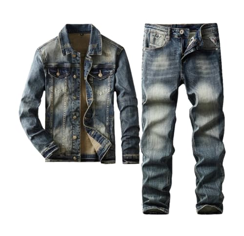 Mnjyihy Men's Autumn Business Slim Stretch Jeans Sets Classic Simple Long Sleeve Denim Jacket Pants