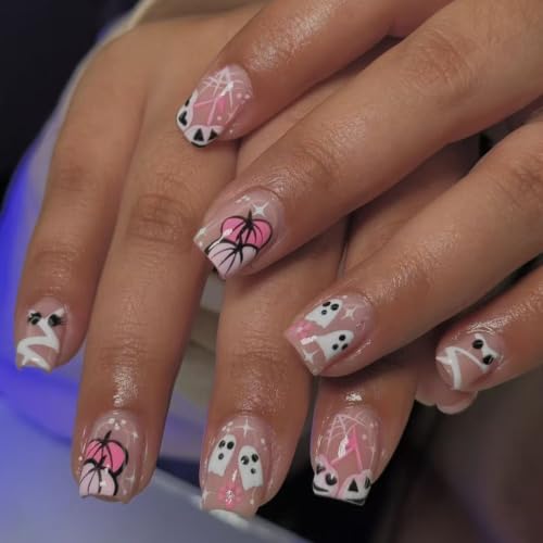 ZIFANHU Halloween Press on Nails Short Square Fake Nails Press ons Nail Art Tips with Ghost Pumpkin Mummy Designs Pink False Nails Full Cover Glossy Glue on Nails Stick on Nails for Women 24Pcs