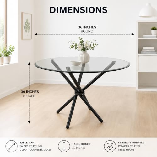 Image of Folding Dining Table for Office, Home, Cafe - 36-inch Round 12 MM Thick Toughened Glass Top with Stainless Steel Frame (Black Powder Coated)