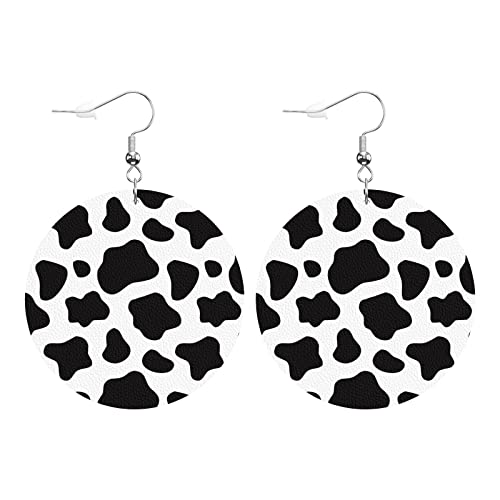 Swono Cow Print Round Faux Leather Earrings for Women Black White Spots Farm Animal Cowhide Simple Doodle Lightweight Double-Side Printed Drop Dangle Earring for Birthday Party Gift