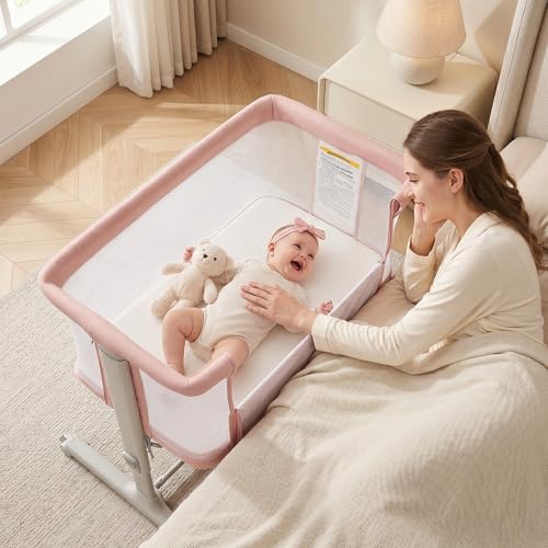 Image of INFANS 3 in 1 Baby Bassinet, Bedside Sleeper for Newborn, Folding Crib with Mattress, Travel Bag, Wheels, 4-Sided Mesh, Easy to Assemble Cradle Co Sleeper Stationary, Rock (Pink)
