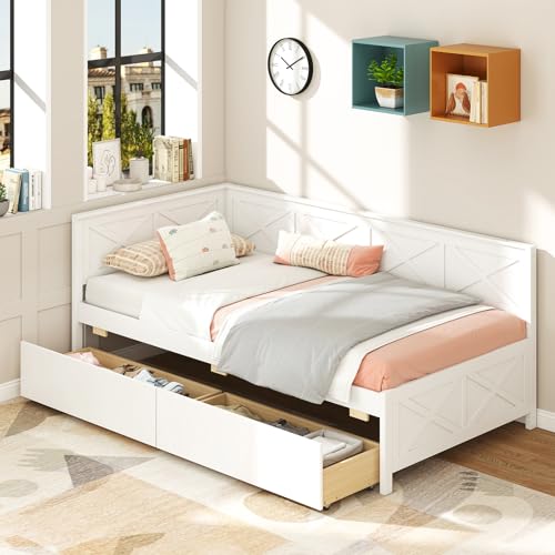 Giantex Twin Daybed with 2 Storage Drawers, Wooden Corner Bed Frame with Slats Support & Guardrails, Space-Saving L Shaped Day Bed for Kids, Teens, Adults & Guests, No Box Spring Needed (White)