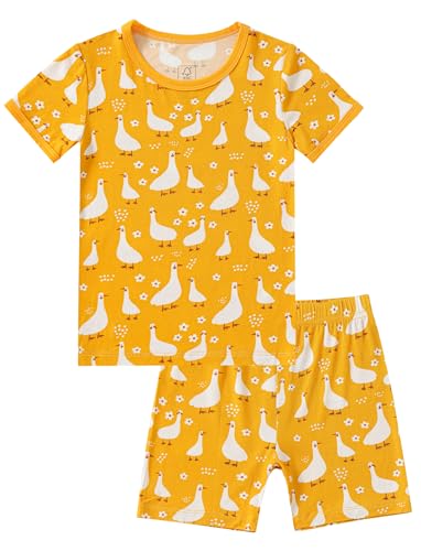 JunNeng Bamboo Viscose Pajamas for Toddler Girls, 2-Piece Snug fit Pjs Short Sleeve Summer Sleepwear Orange Goose 2-3T