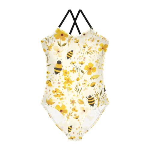 KLL Embroidery Bee Butterfly Flowers Watercolor Toddler Girls 1 Piece Swim Suit Summer Swimwear Adjustable Strap Quick-Dry