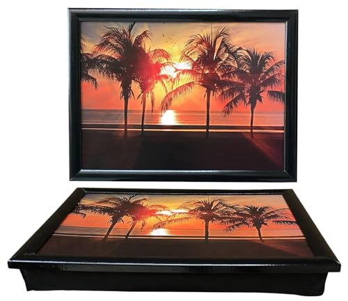 Sunset View Large Wooden Lap Tray with Soft Cushioned Bean Bag - Ideal for Laptops, Dinner, Drinks, and Food Serving Tray