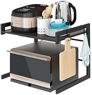 Ejoyous Microwave Shelf Stand, 2 Tier Extendable Microwave Oven Rack Toaster Stand Shelf with 4 Removable Hooks for Kitchen Oven Kitchen Shelf Spice Rack (Black)