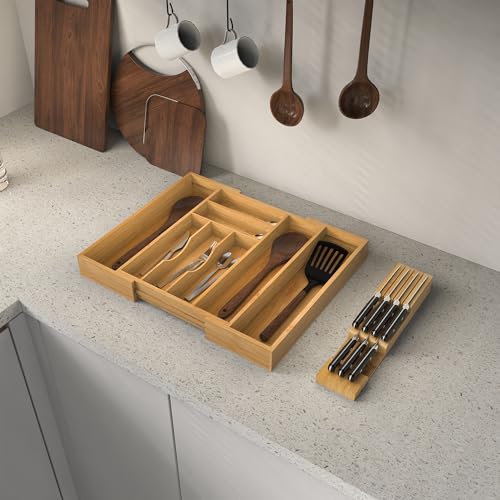 Bamboo-Silverware-Drawer-Organizer-6-8-Slots-Kitchen-Drawer-Tray-13-2169-Expandable-Utensil-Holder-Cutlery-Tray-with-Removable-Knife-Block-Hold-7-Knives-236-Deep-for-Extra-Capacity