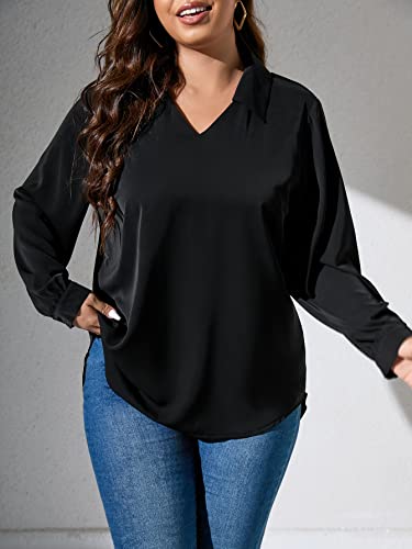 top feminino tamanho grande Plus Contrast Lace Bishop Sleeve Blouse (Color : Preto, Size : 4XL)