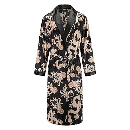 Silky Satin Men Robe Nightgown Long Sleeves Kimono Bathrobe Gowndragon Print Pajamas Sleepwear3