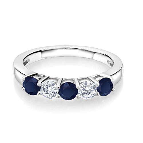Gem Stone King 925 Sterling Silver Blue Sapphire and White Moissanite Wedding Band Ring For Women (1.07 Cttw, Round 3.5MM, Gemstone Birthstone, Available In Size 5, 6, 7, 8, 9)2