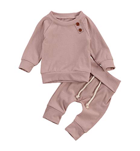 Image of One opening Toddler Baby Boy Girl Clothes Outfits Ribbed Long Sleeve Pullover Sweatshirts Pants Newborn Girl Outfit Set
