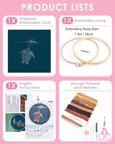 Image of TINDTOP Embroidery Kit for Beginners Adult, Turtle Embroidery Practice Kit | Include Embroidery Cloth Hoops Threads for Craft Lover Hand Stitch with Embroidery Skill Techniques