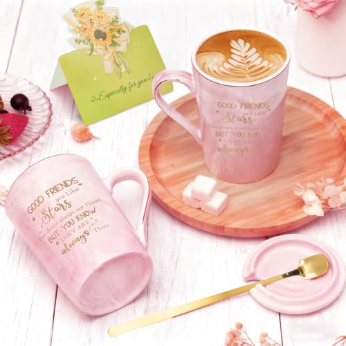 Best Friend Birthday Gifts for Women – Friendship Present for Women, BFF Gift Idea for Female Besties | 400ml Pink Marble Ceramic Gold Print Coffee Mug with Spoon, Lid, Card & Gift Box