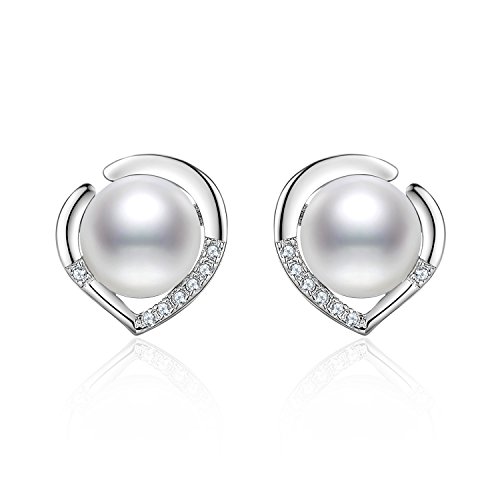 J.Vénus pendientes de las señoras Set plata de ley 925 básicos con perlas de agua dulce de 8 mm, con caja de joyería hermosa, regalo ideal el día de San Valentín, cumpleaños