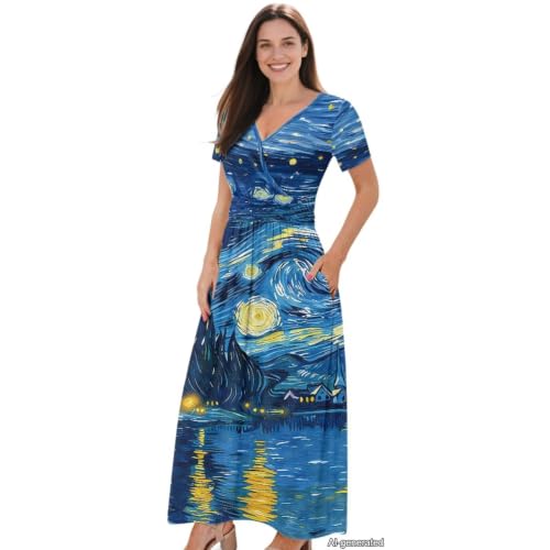 Image of Women's Fall Summer Short Sleeve Ankle Length V-Neck Party Dress with Pockets Size S-3XL