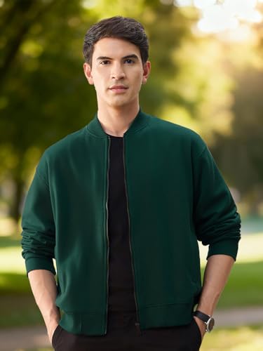 Image of Nobero Men's Premium Fleece Bomber Jacket | 280 GSM Fabric | Regular Fit Zip-Up Outerwear | Shirt Collar | Ribbed Cuffs & Hem | Casual Winter Layering Jacket
