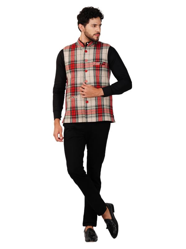 Image of Vastraa Fusion Men's Blue & Grey Chequered Woolen Blended Festive Nehru Jacket /Waistcoat
