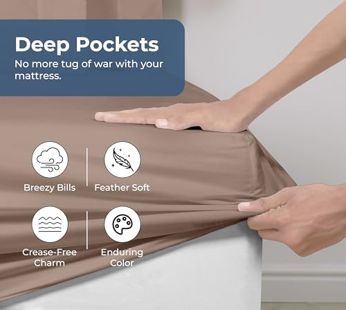 Image of Royale Linens 100% Organic Cotton Fitted Sheet - Percale Weave - Super Soft Deep Pocket Bottom Sheets - Mocha Elastic Sheet Twin Size - Twin Fitted Sheets Only - (39 inchx80 inch+15 inch, Mocha)