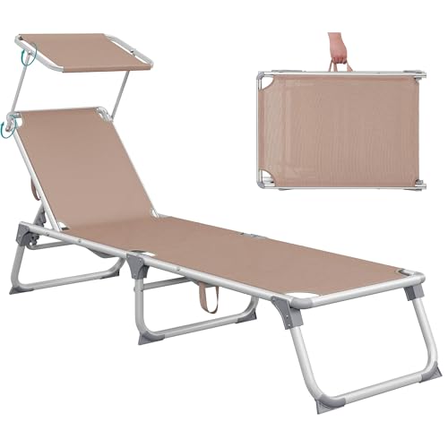 SONGMICS Bain de Soleil, Chaise Longue Pliable, Transat, 193 x 55 x 31 cm, Capacité de Charge 150 kg, avec Pare-Soleil et Dossier Inclinable, pour Jardin,...