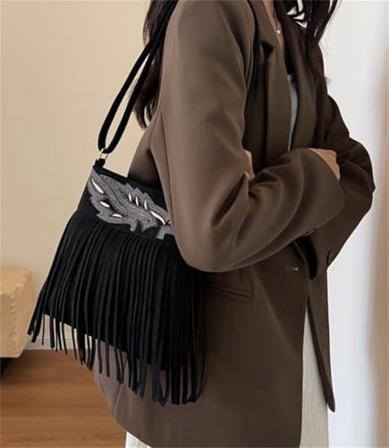 Women Suede Tote Bag Trendy Handbag Purse Fall Shoulder Fringe Hobo Bags Zipper Tassel Hippie Western Work4