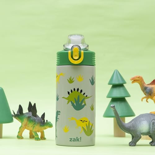 Image of Zak Designs Sage Kids Water Bottle For School, Travel or At Home, 14oz Stainless Steel Water Bottle With Straw, Handle, and Leak-Proof, Pop-Up Spout Cover (Dino)