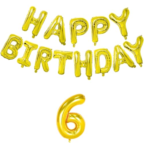 Image of Flyloons 6th Golden Colour Happy Birthday Foil Balloon Banner Set For 6 Year Old Boys Girls Kids | With Number Six | 13 Letters Reusable Happy Birthday Metallic Foil Balloons Decoration Kit, 14 Pcs