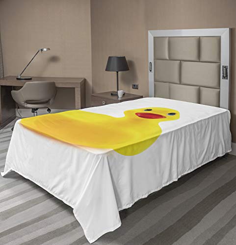 Ambesonne Rubber Duck Flat Sheet, Yellow Squeak Ducky Toy Fun Bubble Bath Animal Room Duckling Print, Soft Comfortable Top Sheet Decorative Bedding 1 Piece, Twin Size, White and Yellow