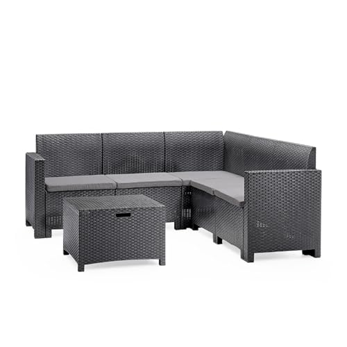 CONCEPT USINE Salon de Jardin Angle 4-5 Places avec Table Basse | Ensemble Extérieur Effet Résine Tressée Gris Anthracite | Polypropylène Recyclable...