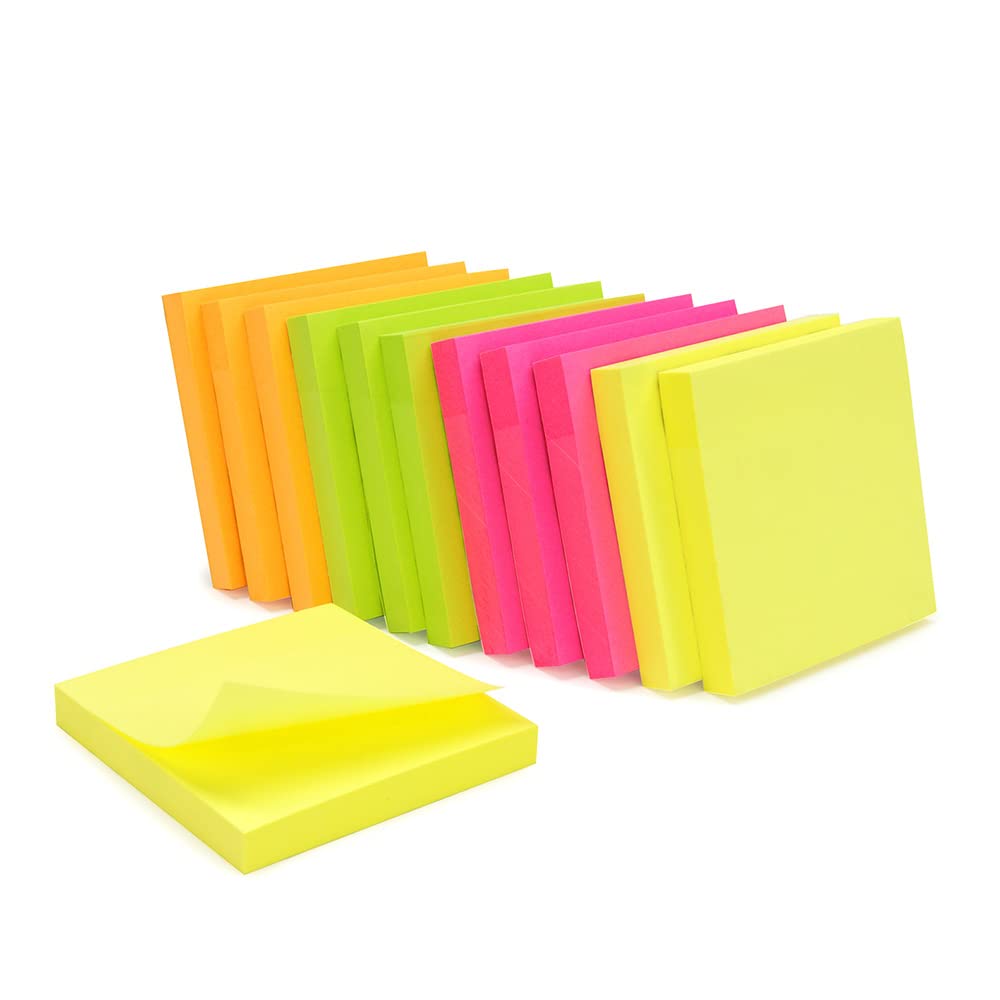 WAYTEX 1200 Repositionable Self Adhesive Notes Assorted Neon Colours 12 Pads of 100 Sheets 75 x 75 mm - Yellow Orange Pink Green