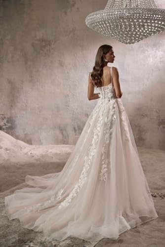 Zeeyecie Spaghetti Straps Tulle Wedding Dresses A-Line Lace Applique 3D Floral Bridal Gowns with Train for Brides3