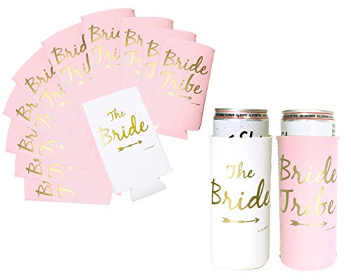 Bride Tribe Bachelorette Party Premium Skinny Can Sleeves - Insulated Neoprene Drink Holders, Fit Slim Spiked Hard Seltzer Beer Cans for Decorations, Supplies, Favors (Pink)