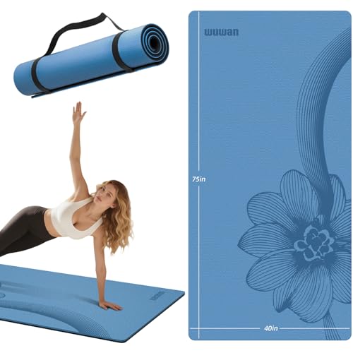 WUWAN Large Yoga Mat 76"x 40"x10mm (2/5 inch) – Extra Thick & Wide, TPE Fitness Mat, Printed Non-Slip Exercise Mat with Carrying Strap for Men & Women, Pilates, Stretching, Fitness & Workout (blue/black)