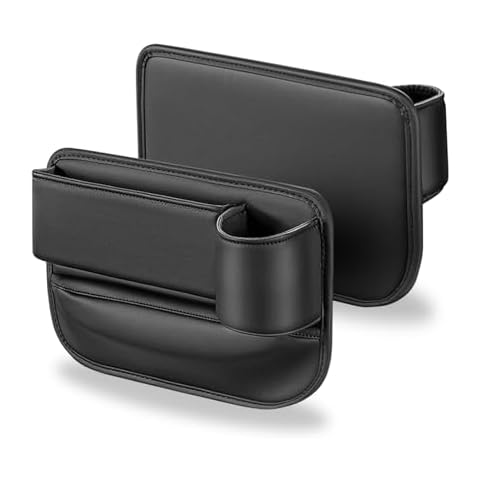 Car Leather Cup Holder Gap Bag, Black Car Seat Storage Box with Water Cup Holder, Leather Car Seat Gap Filler Organizer for Phones Glasses Keys Cards Cover