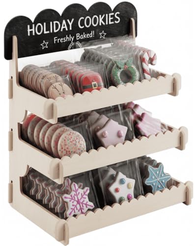 HOTCAN Wooden Cookie Display Stand with Chalkboard Sign for Bakers, Vendors, Craft Fairs | Pastry Display for Market Booths & Events | 3 Tiered Cookie Display for Muffins, Cakes, and Pastries(Natural)