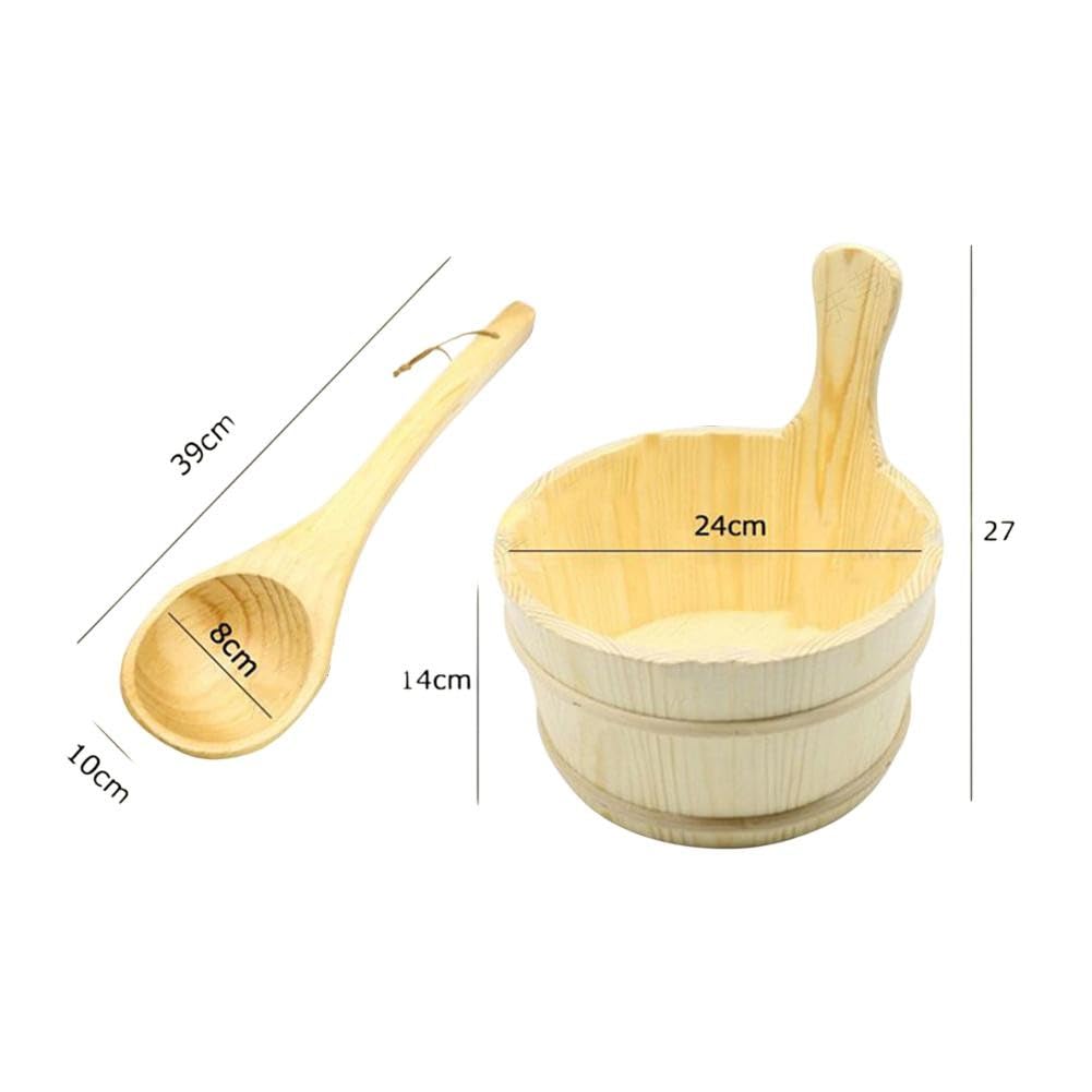 ZYWUOY Seau de sauna en bois avec cuillère en bois assortie pour hammam et pavillon de sudation - 24 x 27 cm - Construction en bois naturel - Design traditionnel - 2 pièces