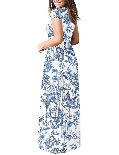 Image of AUSELILY Women's Classic Short Sleeve Loose Plain Casual Long Maxi Dresses | Year Round wear solid floral print, Casual wear, Empire waist, Floor-length, Side pockets, Short Sleeve