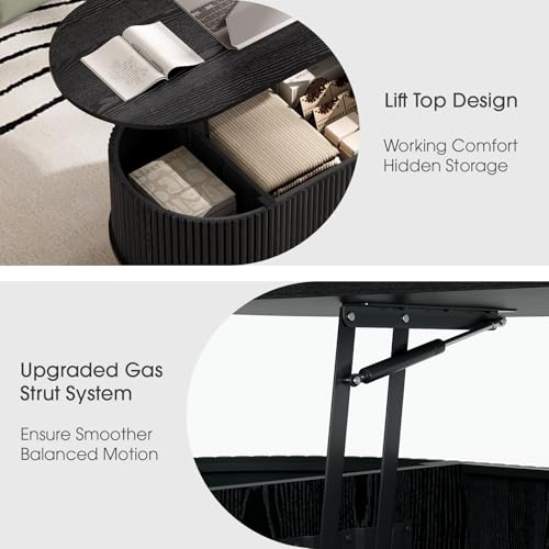 Image of JOINICE Oval Lift Top Coffee Table with Storage for Living Room,43 inch,Black | Large Hidden Storage,Modern Fluted Panel,Pop Up Center Table with Wooden Legs,Lifts to 22.4 inch,Holds 88lbs,Easy Assembly