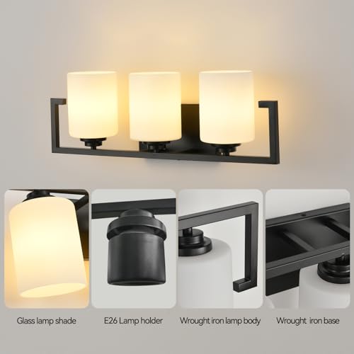 Image of 3-Light Bathroom Light Fixtures, Black Bathroom Lighting Fixtures Over Mirror with Milky White Glass Shades, Modern Vanity Lights for Mirror Hallway Bedroom Living Room