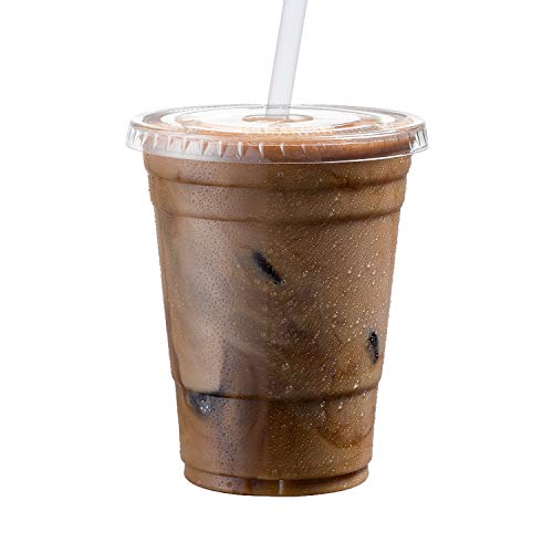 Clear Plastic Cups with Lids | 16 oz, 100 Pack | PET Cold Smoothie Cups | Iced Coffee Cups | Disposable Cups with Lids | To Go Cups