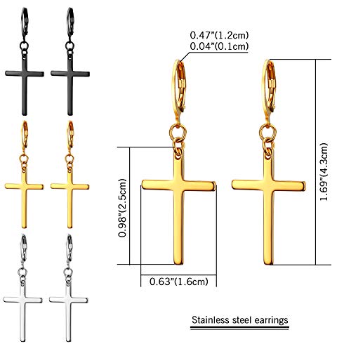 3 Pairs Stud Earrings with Cross Dangle for Men Women,Cupimatch Stainless Steel Cross Pierced Earrings Set, Screw Back (hoop cross earrings) - Image 4