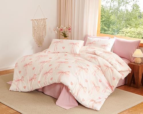 Image of Bow Duvet Cover King Size Pink Bowknot Heart Bedding Set 3 Pieces Kids Girls Cute Bows Soft Lightweight Microfiber Comforter Cover Set with Zipper Closure and 2 Pillowcases